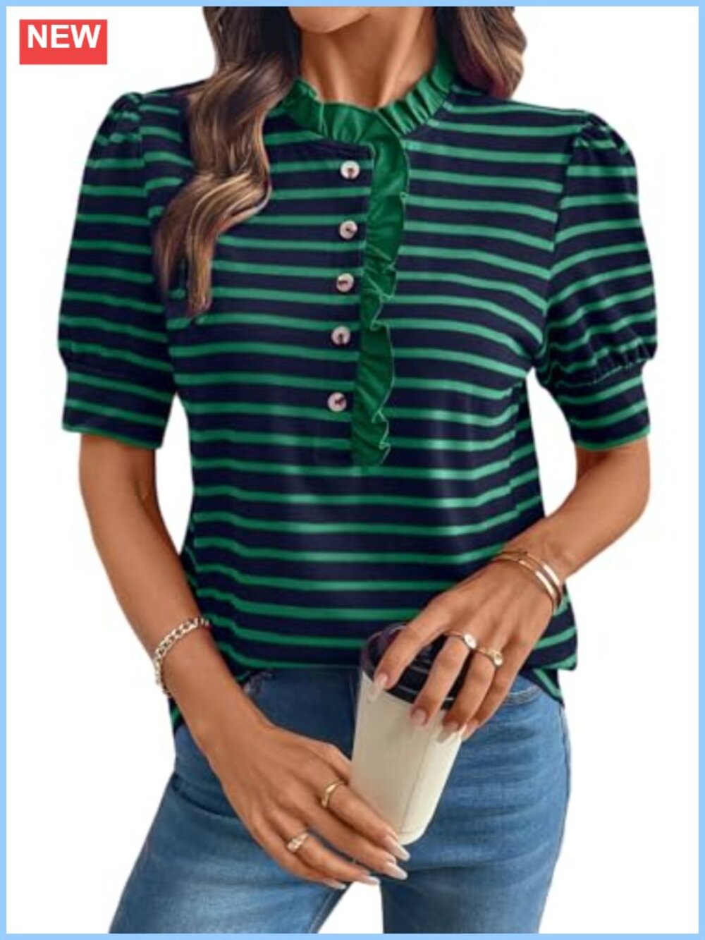 Women's Striped Blouse Cotton Puff Sleeve Button Down Casual Top
